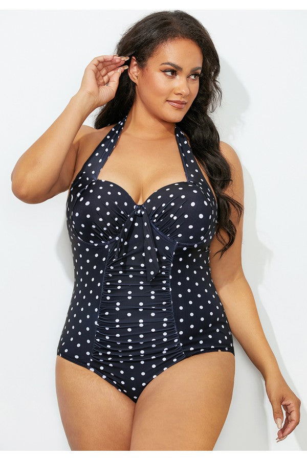Black Speckle Halter Tie Front Onepiece Swimsuit