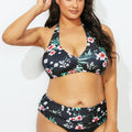 Black Floral Halter Vneck Bikini Set