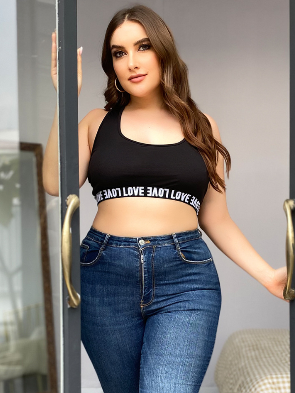 Plus Contrast Letter Tape Crisscross Back Bra