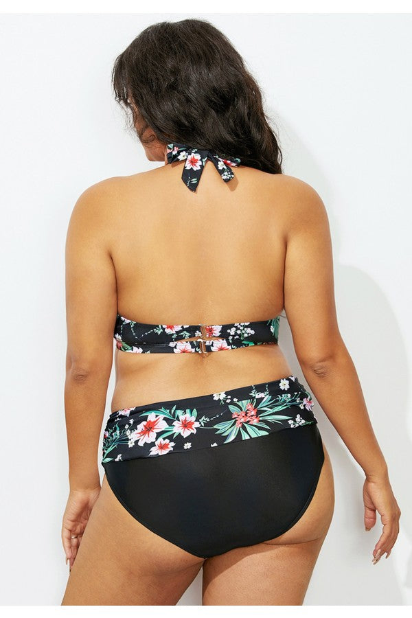 Black Floral Halter Vneck Bikini Set