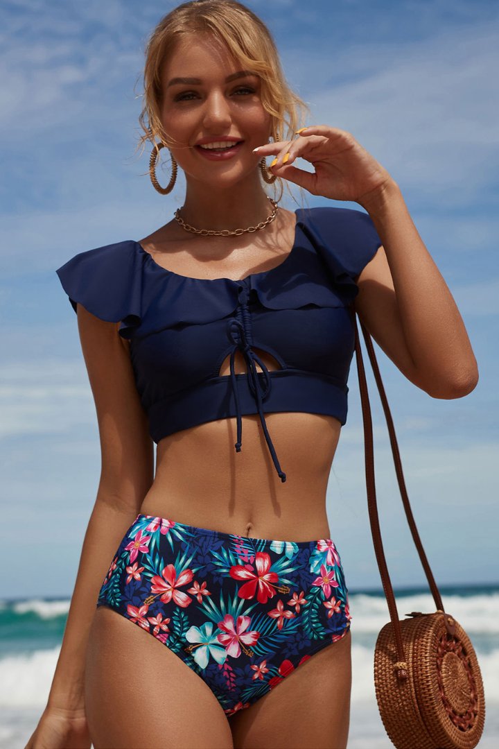 Navy Blue Natural Print Pretty Falbala Ruffle Bikini