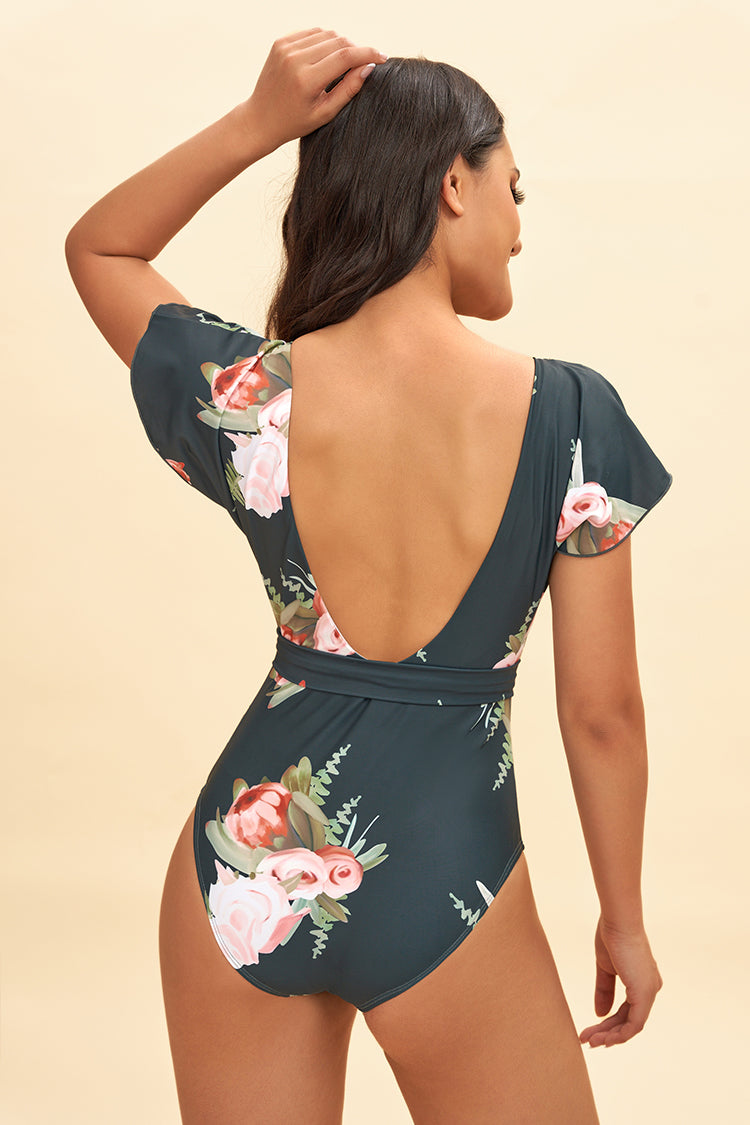 Flutter Sleeve Floral Print One-Piece Swimsuit