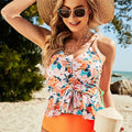 Ensemble tankini orange taille haute à imprimé floral et lacets