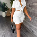 Button Up Knotted Pocket Short Sleeve Blouse Shorts Matching Set