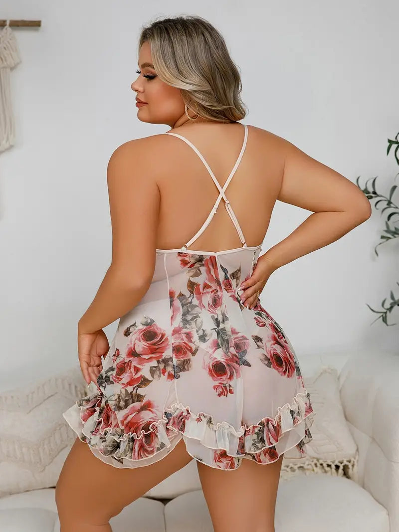 Plus Size Floral Print Lettuce Trim Babydoll