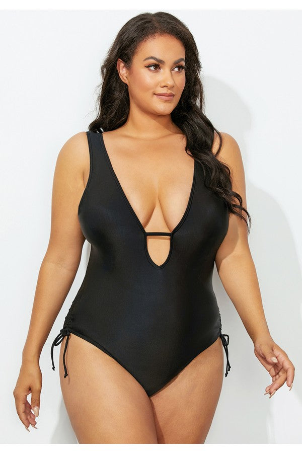 Black Plunge Vneck Onepiece Swimsuit