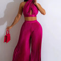 Halter Backless Crop Top Wide Leg Pleated Pants Two Pieces Set