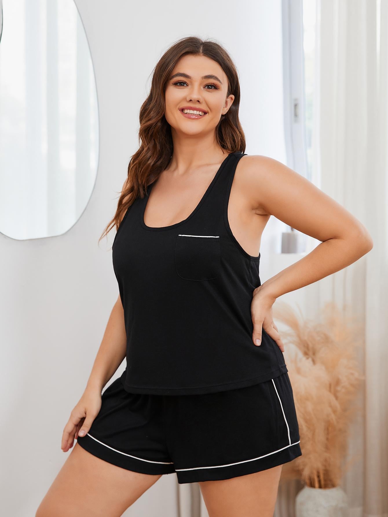 Plus Contrast Binding Sleep Tank Top & Sleep Shorts