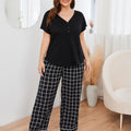 Plus V-Neck Top and Plaid Pants Lounge Set