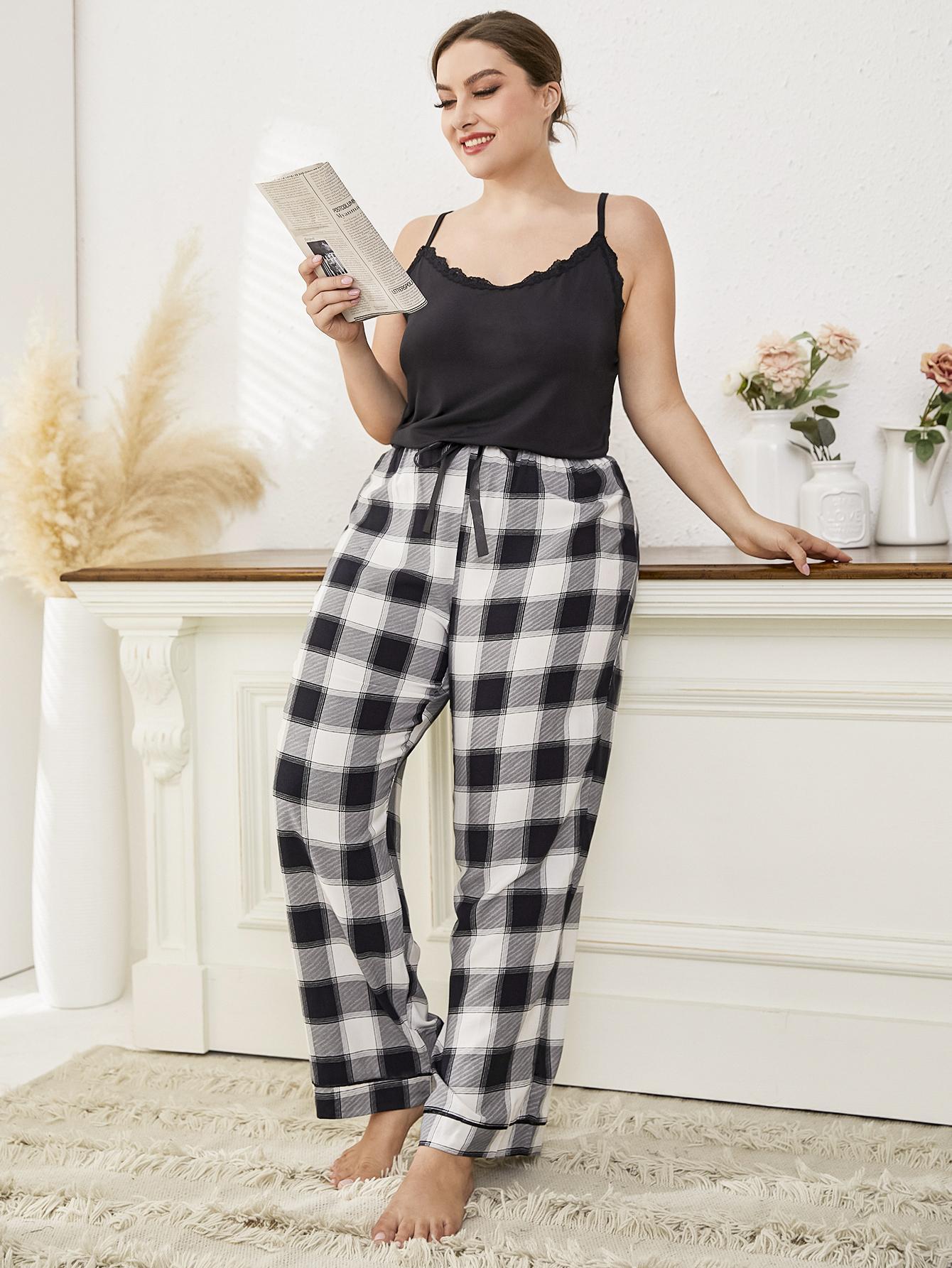 Plus Lace Trim Gingham PJ Set