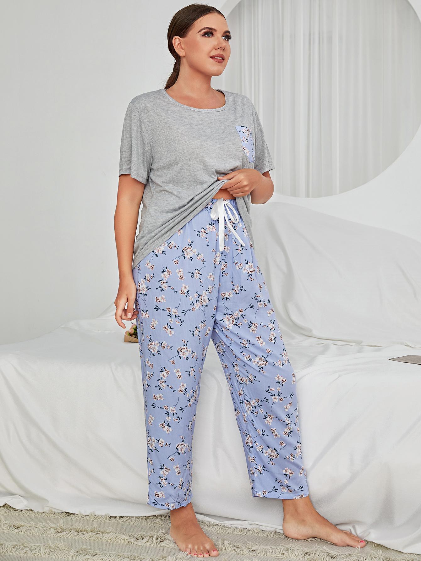 Plus Floral Print Pocket Tee and Pants PJ Set