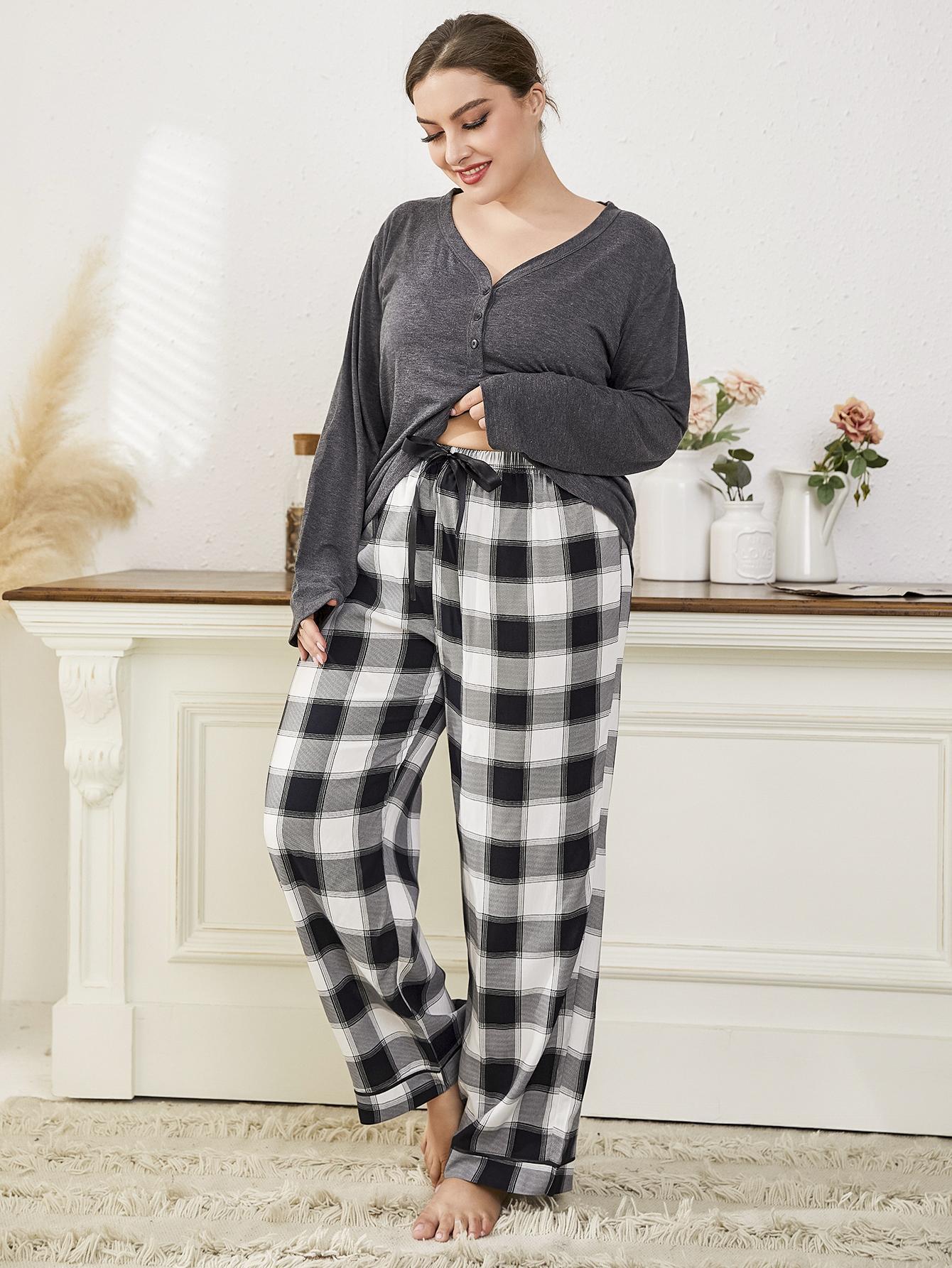 Plus Button Front Top & Buffalo Plaid Pants PJ Set