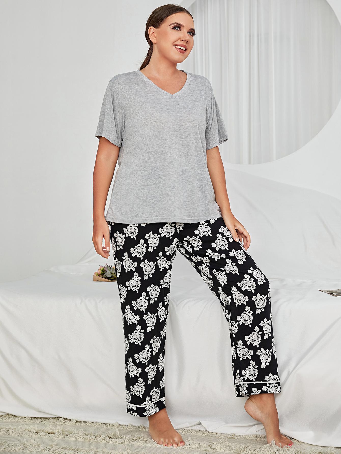 Plus Flounce Sleeve Floral Pajama Set