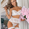 Floral Embroidery Mesh Underwire Garter Lingerie Set