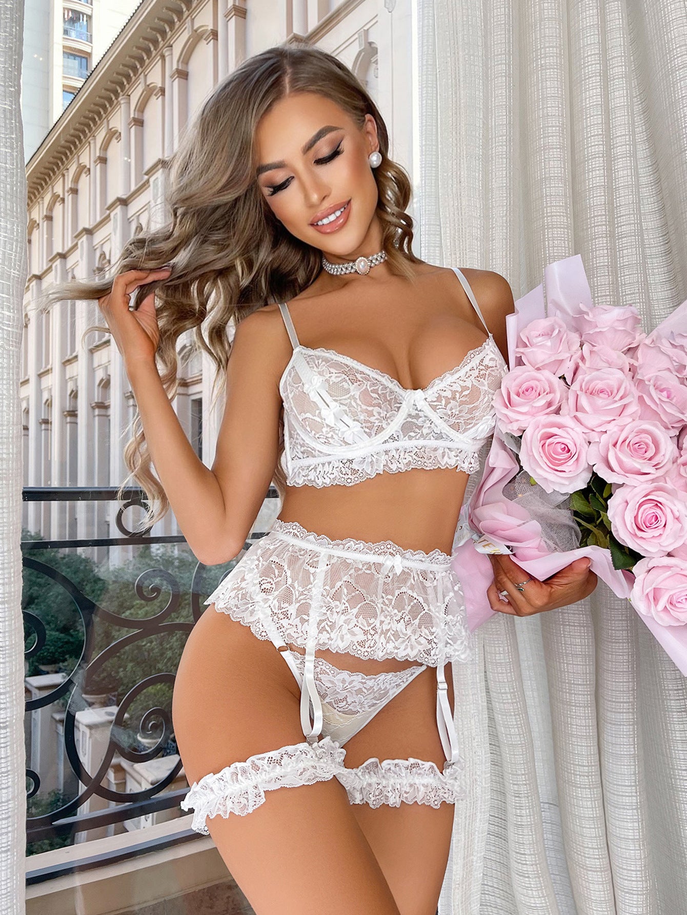 Floral Embroidery Mesh Underwire Garter Lingerie Set