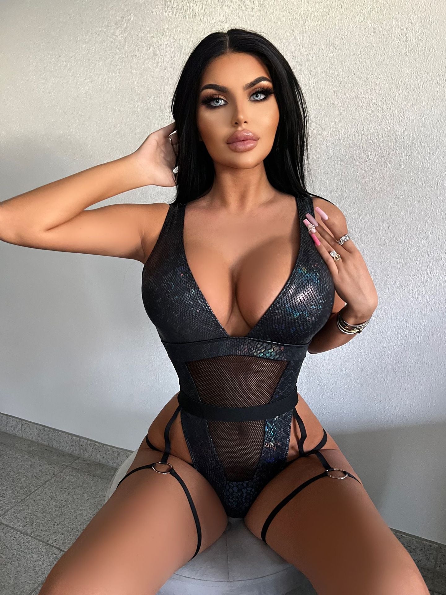 Snake Print PU Fishnet Bodysuit