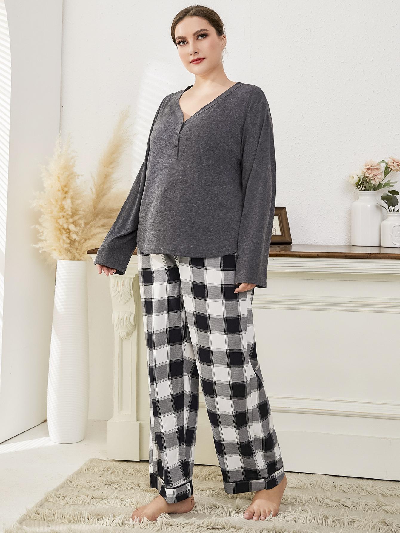 Plus Button Front Top & Buffalo Plaid Pants PJ Set