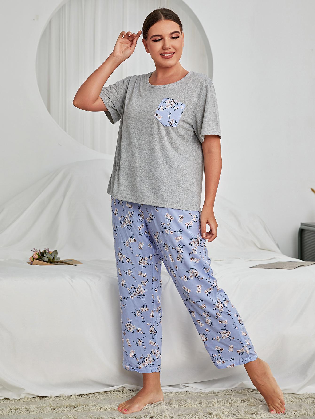 Plus Floral Print Pocket Tee and Pants PJ Set