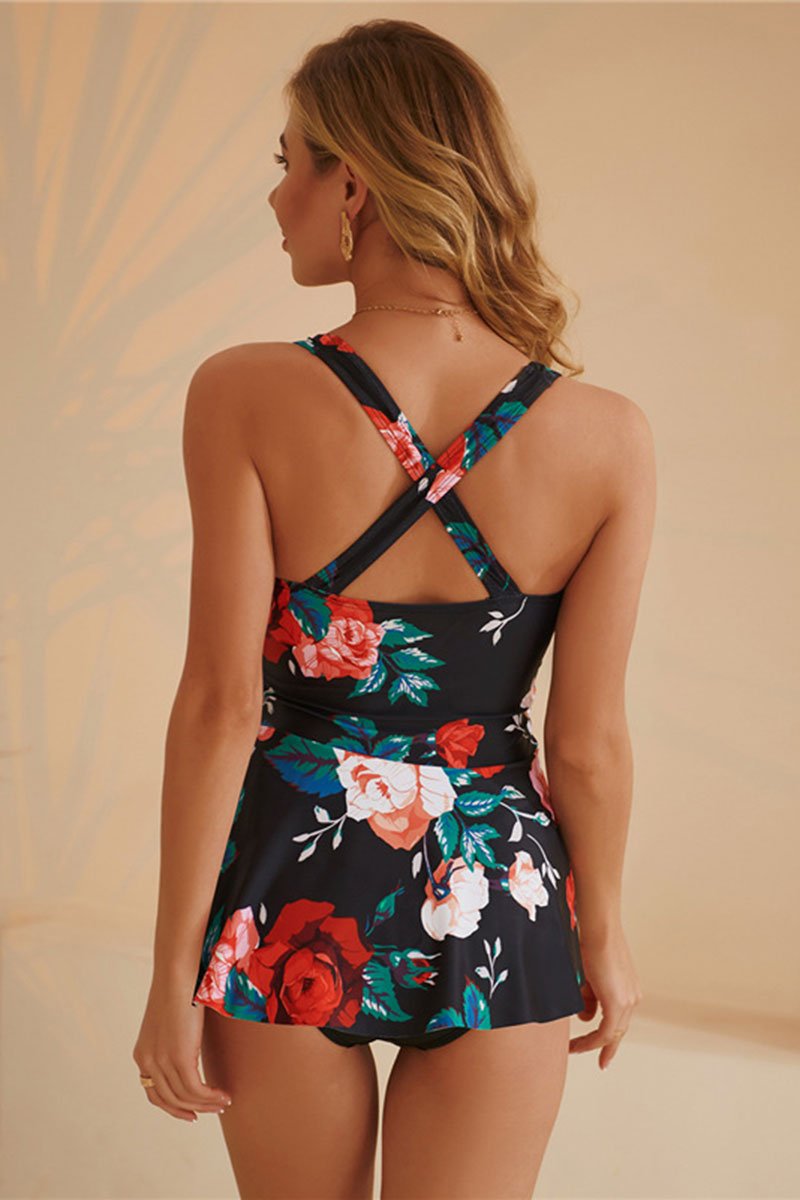 Tankini à imprimé floral, ourlet à volants et cordon de serrage croisé