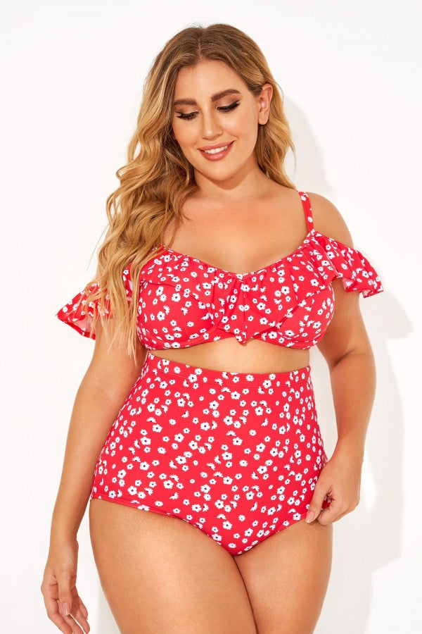 Red Floral Ruffled Underwire Women Bikini Set
