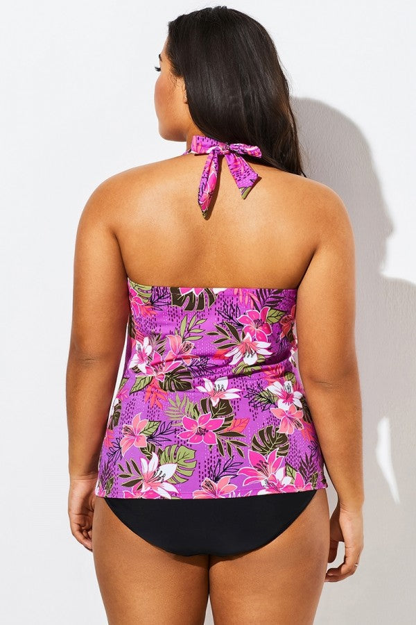 Ensemble tankini à col V et dos nu froncé rose orchidée