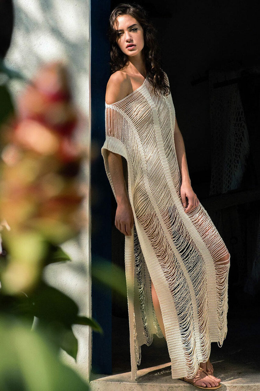 Celebrity High Slit Fringe Crochet Maxi Cover Up