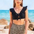 Ensemble bikini léopard à volants, décolleté en V et nœud sur le devant, taille haute.