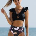 Floral Printed Cutout Knotted Black Bikini Set