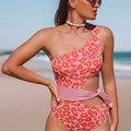 One Shoulder Leopard Printed Cutout Pink One-piece Swimsuit