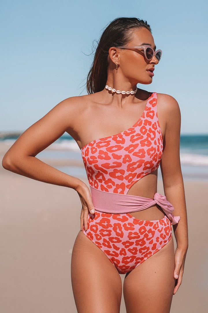 One Shoulder Leopard Printed Cutout Pink One-piece Swimsuit