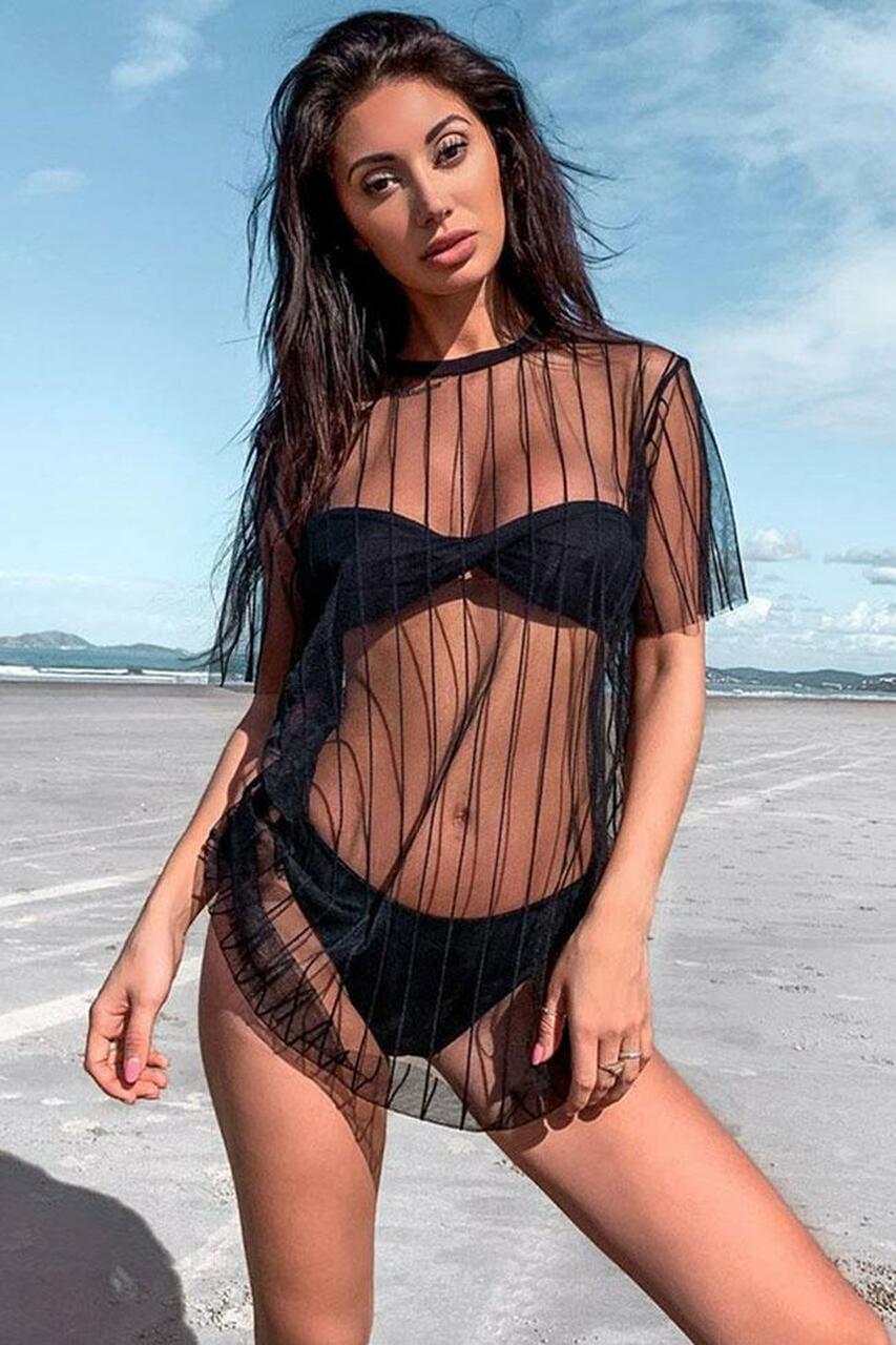 Striped Sleeved Sheer Mesh Cover Up