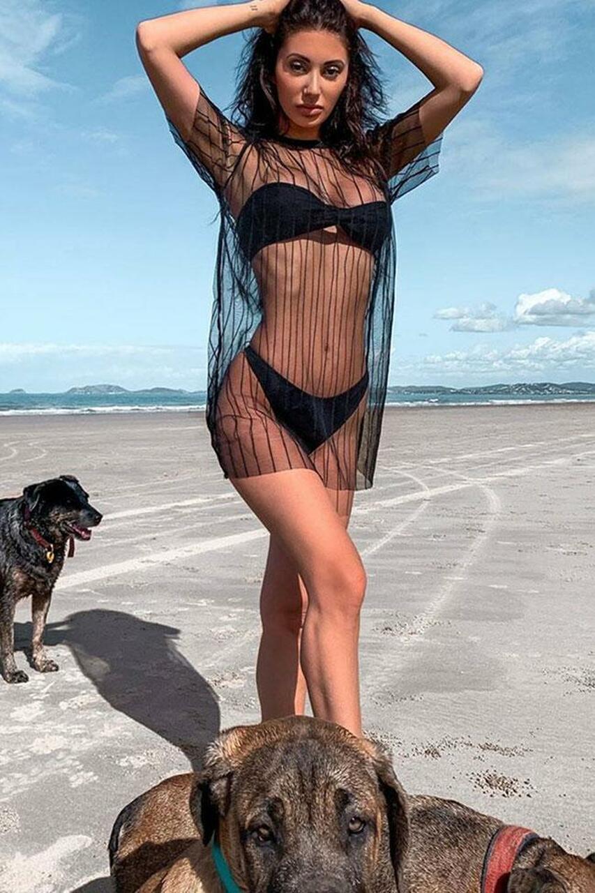 Striped Sleeved Sheer Mesh Cover Up